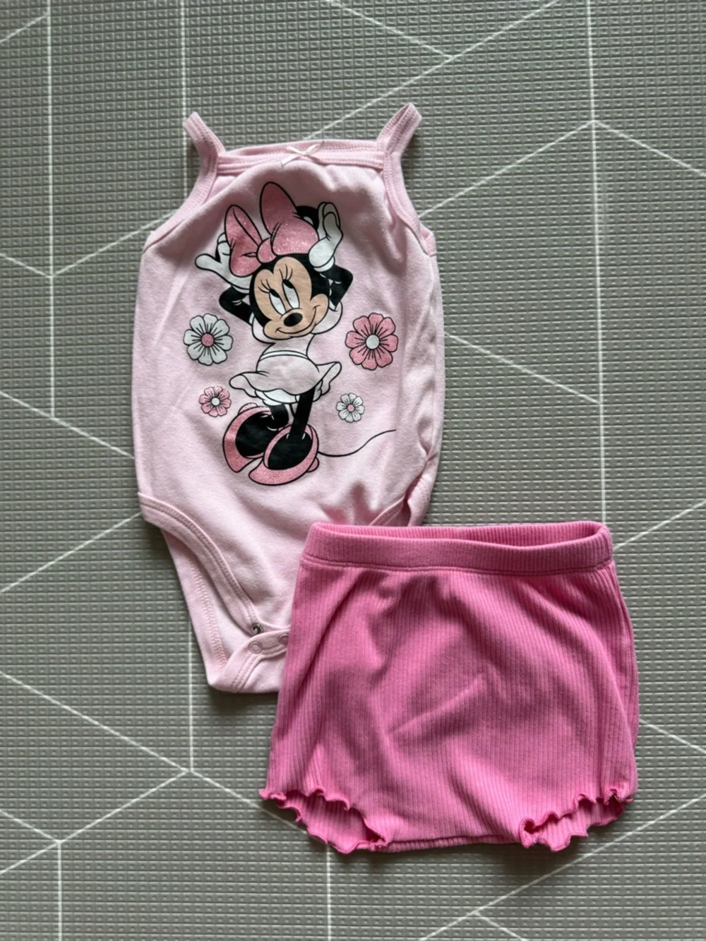 Disney|Baby girl summer set,Pink Minnie Mouse onesie Tank & ribbed Shorts•••boho